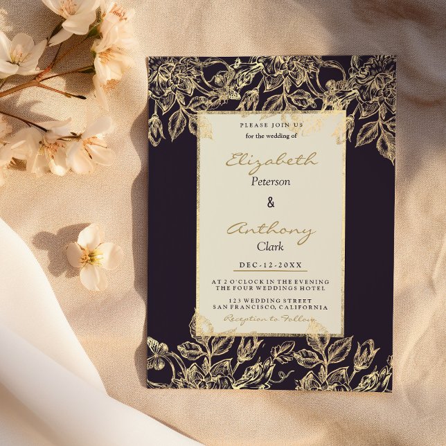 Invitation Élégant Mariage floral de luxe doré bordeaux foncé (Elegant dark burgundy gold luxury floral Wedding )