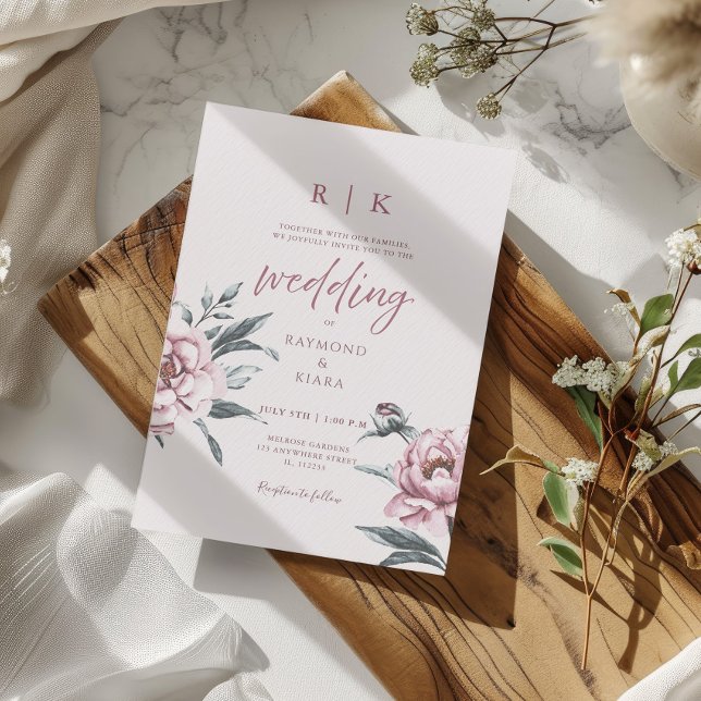 Invitation Élégant Mariage floral de pivoine rose cendrée (watercolor peony dusky pink wedding invitation
)