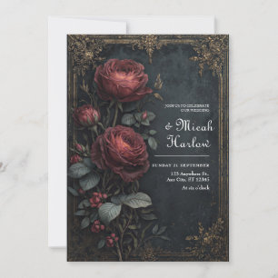 Invitation Élégant mariage floral de rose burgundy gothique f