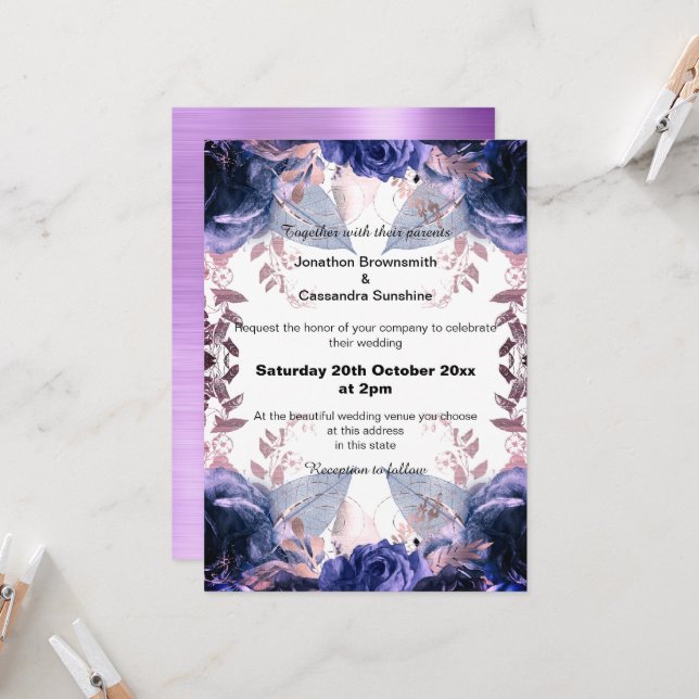 INVITATION ÉLÉGANT MARIAGE FLORAL DE TEXTURE PURPLE (Devant/Arrière en situation)