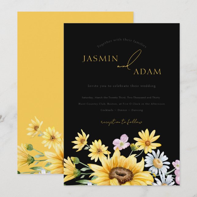 Invitation Élégant Mariage floral de tournesol jaune noir (Devant / Derrière)