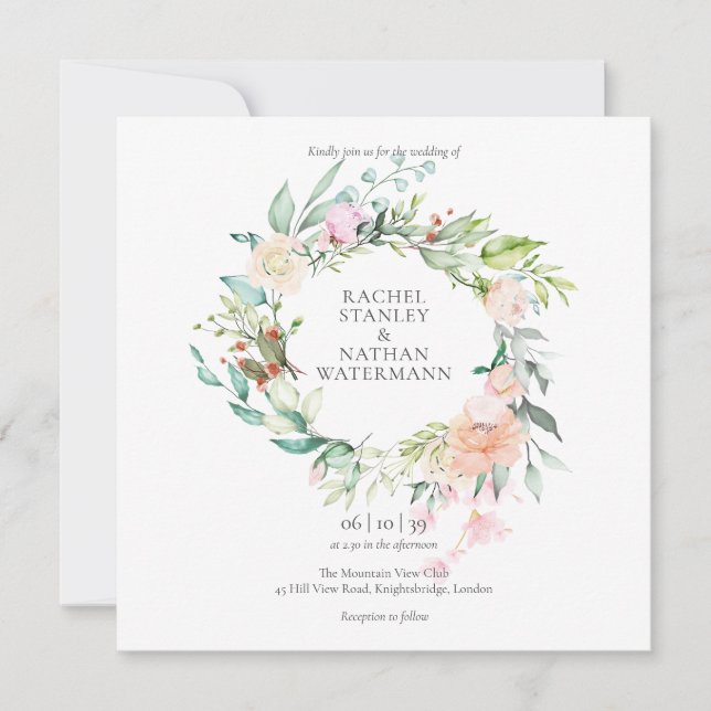 Invitation Élégant mariage floral de verdure à l'aquarelle (Devant)
