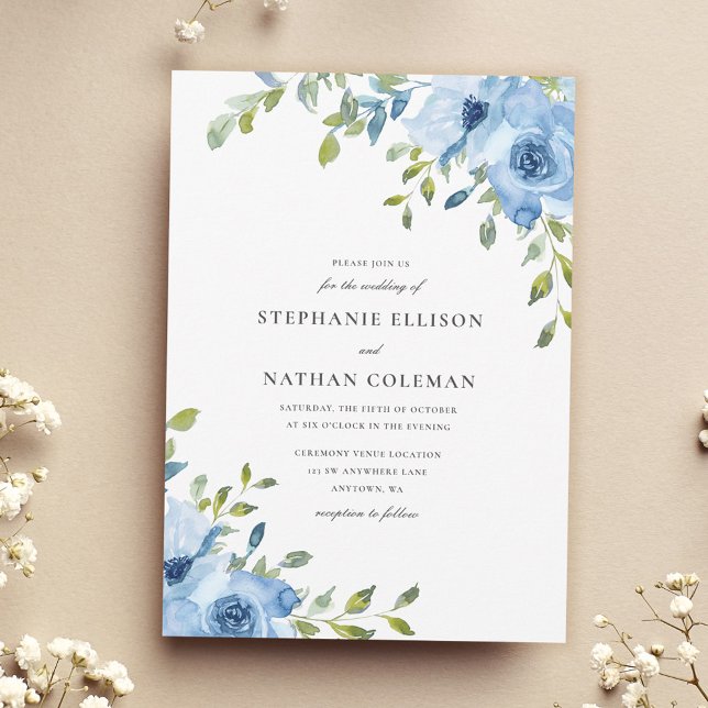 Invitation Élégant mariage floral de verdure bleue (Créateur téléchargé)