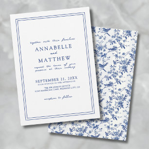 Invitation Élégant Mariage floral d'oiseaux chinoserie bleu