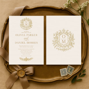 Invitation Élégant Mariage Floral Doré Vintage Français