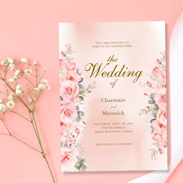 Invitation Élégant Mariage floral Dusty rose (Créateur téléchargé)
