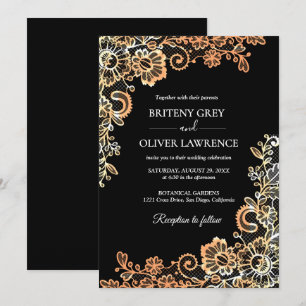 Invitation Élégant mariage floral en dentelle noir et or rose