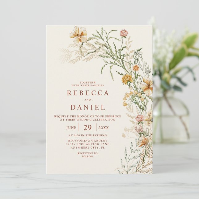 Invitation Élégant Mariage Floral en terre cuite et beige Boh (Debout devant)