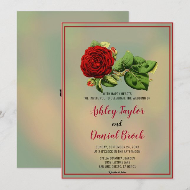 Invitation Elégant Mariage floral encadré rose rouge (Devant / Derrière)
