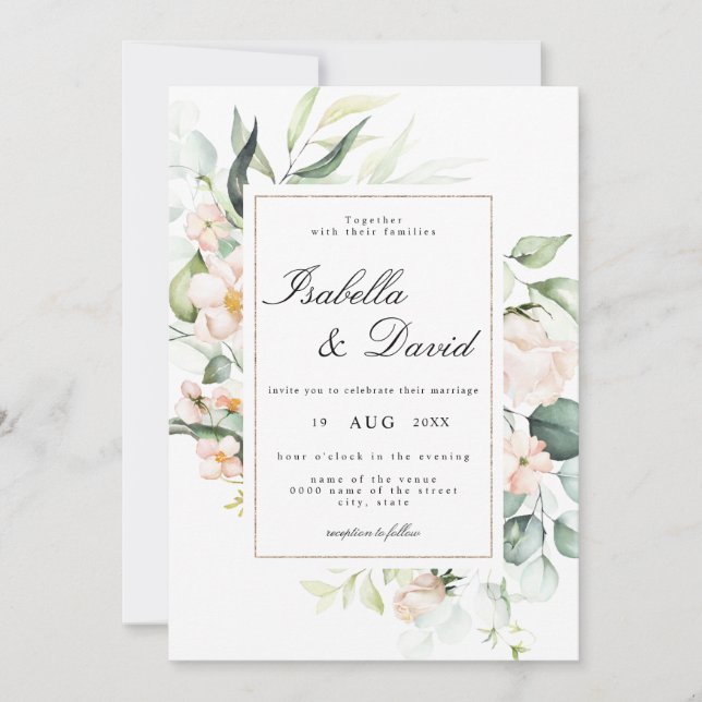 Invitation Élégant Mariage floral Eucalyptus à fleurs roses (Devant)