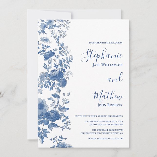 Invitation Élégant Mariage Floral Français Toile Bleu (Devant)