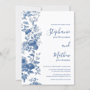 Invitation Élégant Mariage Floral Français Toile Bleu