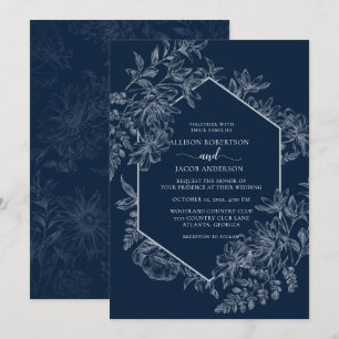 Invitation Élégant mariage floral géométrique bleu et blanc