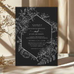 Invitation Élégant Mariage floral géométrique noir et blanc<br><div class="desc">Des couleurs élégantes et un design géométrique rendent cette invitation étonnante. Ce design est composé d'un fond noir spectaculaire,  d'un joli croquis à trait botanique floral et d'une typographie personnalisée avec une bordure géométrique sur le devant. A l'envers,  une jolie tapisserie florale.</div>