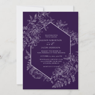 Invitation Élégant Mariage floral géométrique violet blanc