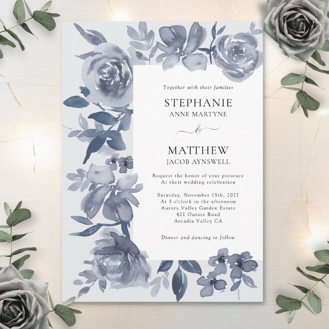 Invitation Elégant Mariage floral gris-dusty (Créateur téléchargé)