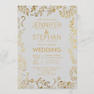 Invitation Élégant Mariage floral gris et jaune d'or