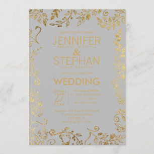 Invitation Élégant Mariage floral gris et jaune or doux
