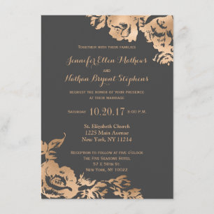Invitation Élégant Mariage floral gris or moderne simple