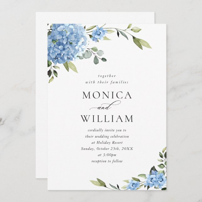 Invitation Élégant Mariage Floral Hydrangea Bleu Tout en un (Devant / Derrière)
