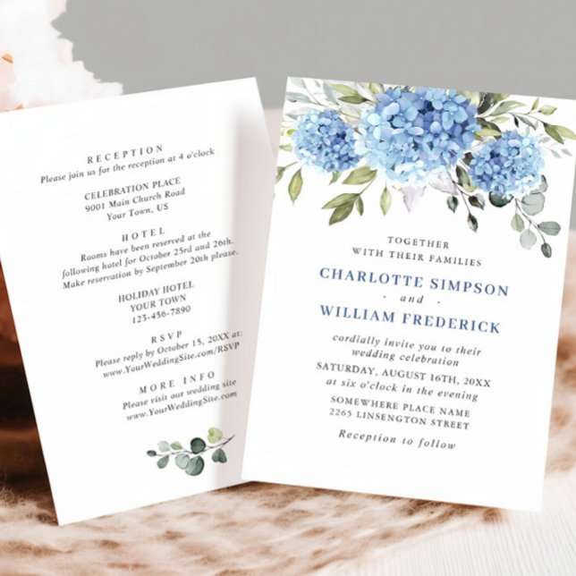 Invitation Élégant Mariage Floral Hydrangea Bleu Tout en un (Créateur téléchargé)