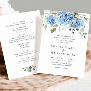Invitation Élégant Mariage Floral Hydrangea Bleu Tout en un