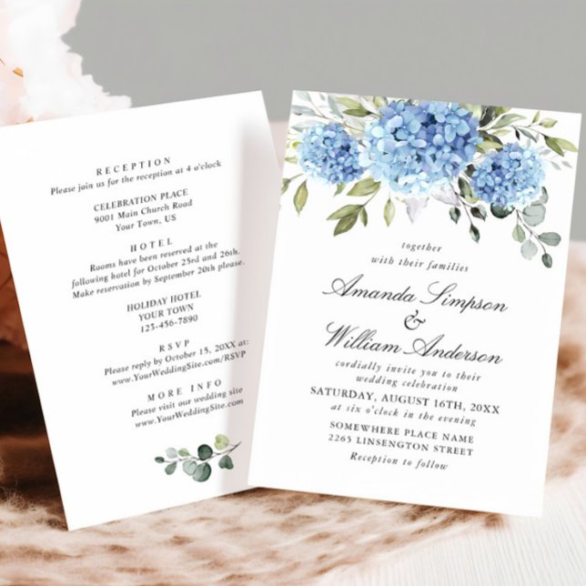 Invitation Élégant Mariage Floral Hydrangea Bleu Tout en un (Créateur téléchargé)