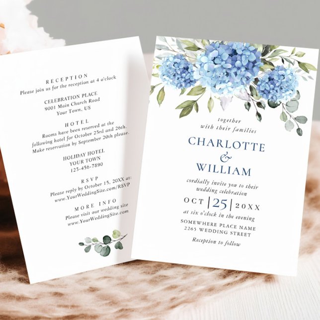 Invitation Élégant Mariage Floral Hydrangea Bleu Tout en un (Créateur téléchargé)