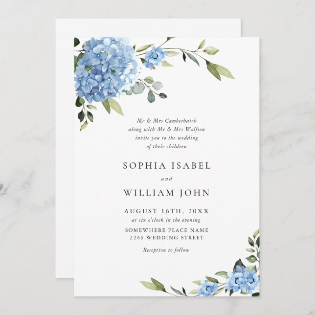 Invitation Élégant Mariage Floral Hydrangea Bleu Tout en un (Devant / Derrière)