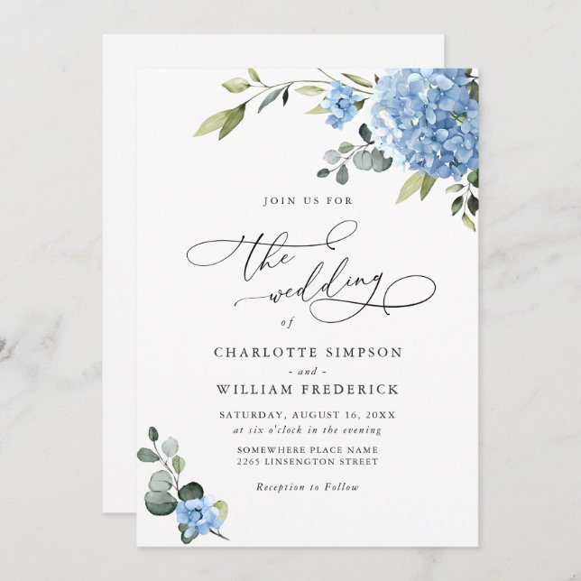 Invitation Élégant Mariage Floral Hydrangea Bleu Tout en un (Devant / Derrière)