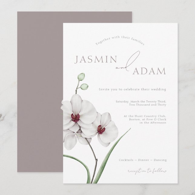 Invitation Élégant Mariage Floral Initiales Orchidée Grise Bl (Devant / Derrière)