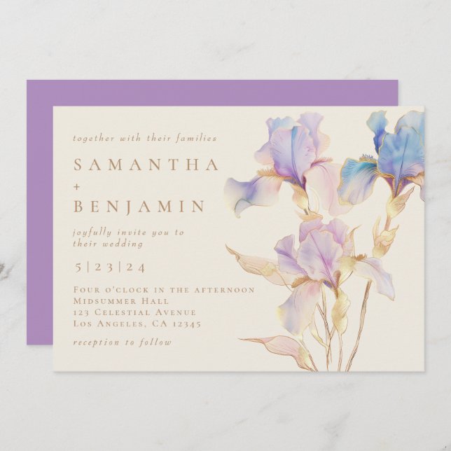 Invitation Élégant Mariage Floral Iris tout-en-un (Devant / Derrière)
