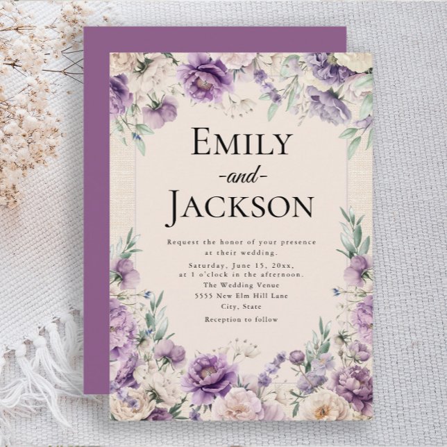Invitation Élégant mariage floral lavande violet (Lavender purple and ivory floral and greenery wedding invitation)