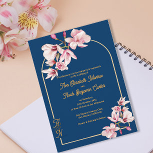 Invitation Élégant mariage floral Magnolia Bleu Nuit