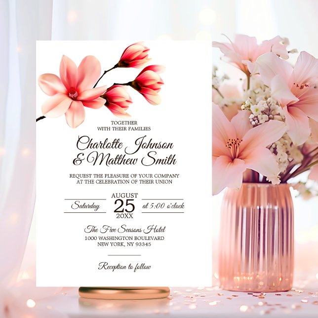 Invitation Élégant Mariage Floral Magnolia Coral Rose Peach (Elegant Floral Magnolia Coral Peach Pink Color Wedding Invitation)