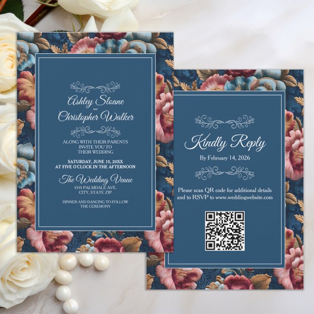 Invitation Élégant mariage floral marine code QR RSVP mariage (Teal peach floral velvet wedding invitation/rsvp combo with QR code)