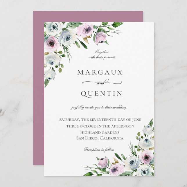 Invitation Élégant Mariage floral Mauve (Devant / Derrière)