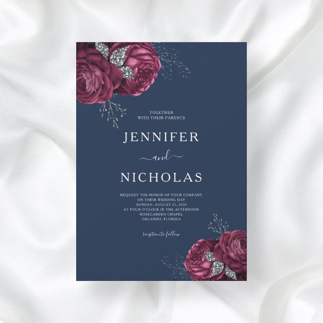 Invitation Élégant Mariage Floral Navy Blue Burgundy Peonies (Créateur téléchargé)