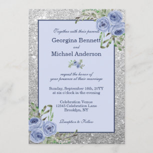 Invitation Élégant Mariage Floral Navy Blue Silver Sparkle