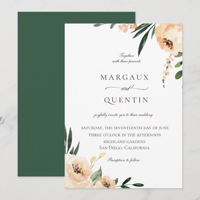 Invitation Elégant Mariage floral neutre (Devant / Derrière)