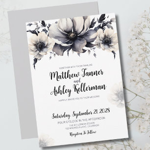 Invitation Elégant Mariage Floral noir blanc tendance
