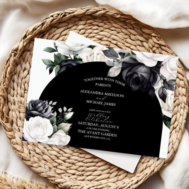 Invitation Élégant Mariage floral noir et blanc (Créateur téléchargé)