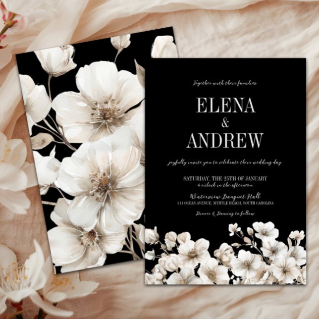 Invitation Élégant Mariage floral noir et blanc (Elegant Black & White Floral Wedding Invitation, Winter Wedding, Fall Autumn Flowers, Love in Bloom)