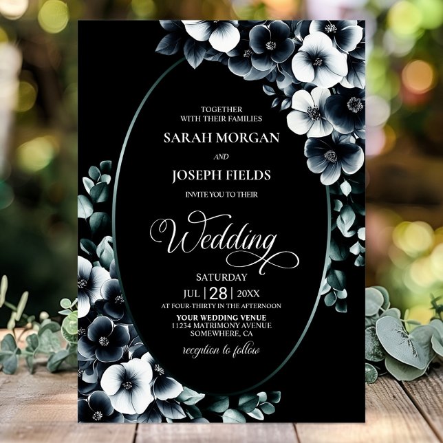Invitation Élégant mariage floral noir et blanc (Créateur téléchargé)