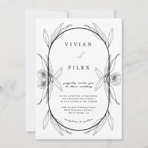 Invitation Élégant Mariage Floral noir et blanc
