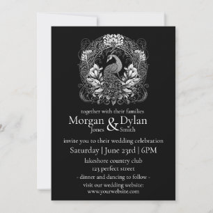 Invitation Élégant Mariage floral noir et blanc Peacock