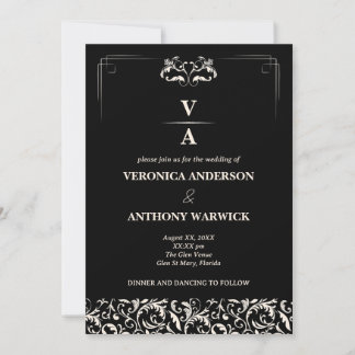 Invitation Élégant Mariage floral noir et blanc victorien