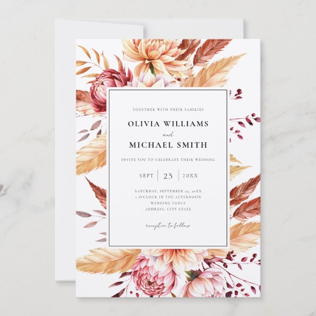 Invitation Élégant Mariage floral noir et Ecru Boho (Devant)