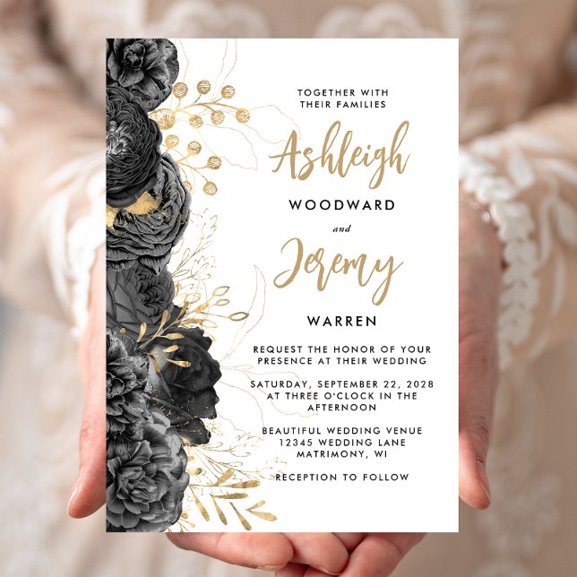 Invitation Élégant Mariage Floral Noir et Or (Créateur téléchargé)