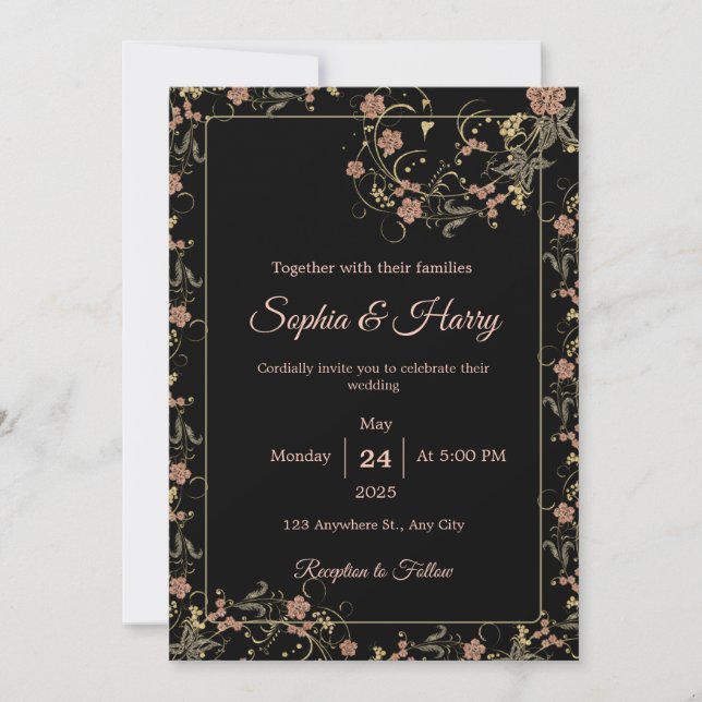 Invitation Élégant Mariage floral noir et thé rose (Devant)